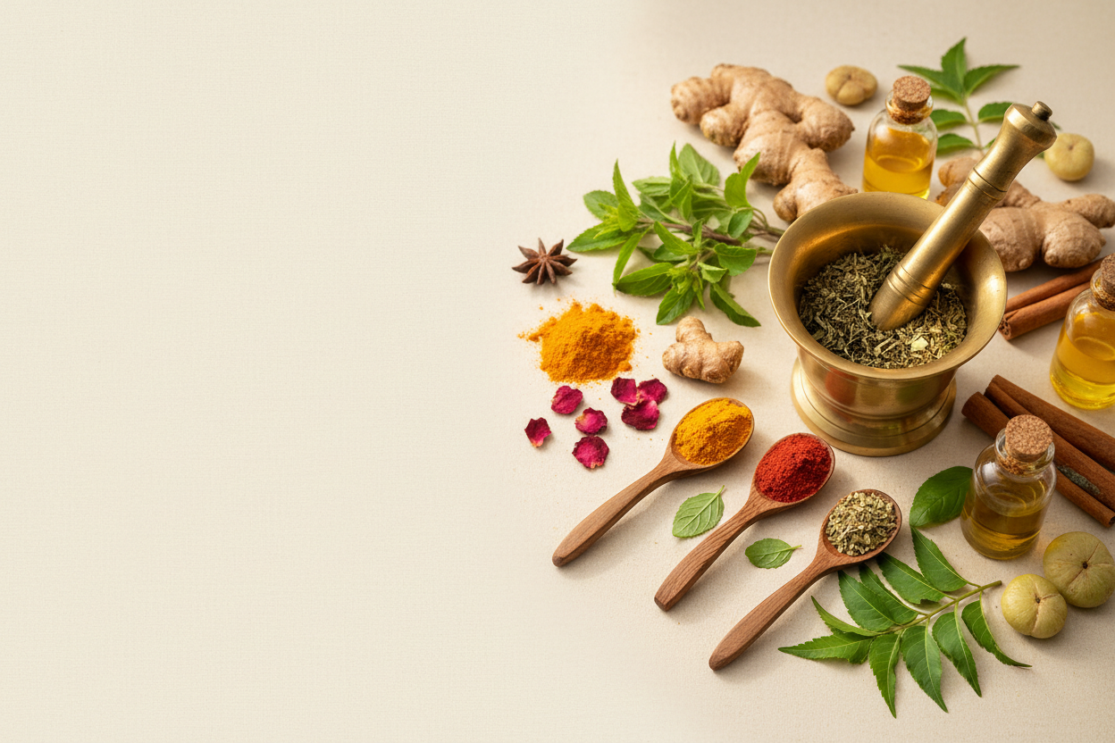 create a hero image for ayurvedic medicin brand on the left side no text and right side ayurbedic object left side plain background so i will add text there create a hero image for ayurvedic medicin brand on the left side no text and right side ayurbedic object left side plain background so i will add text there