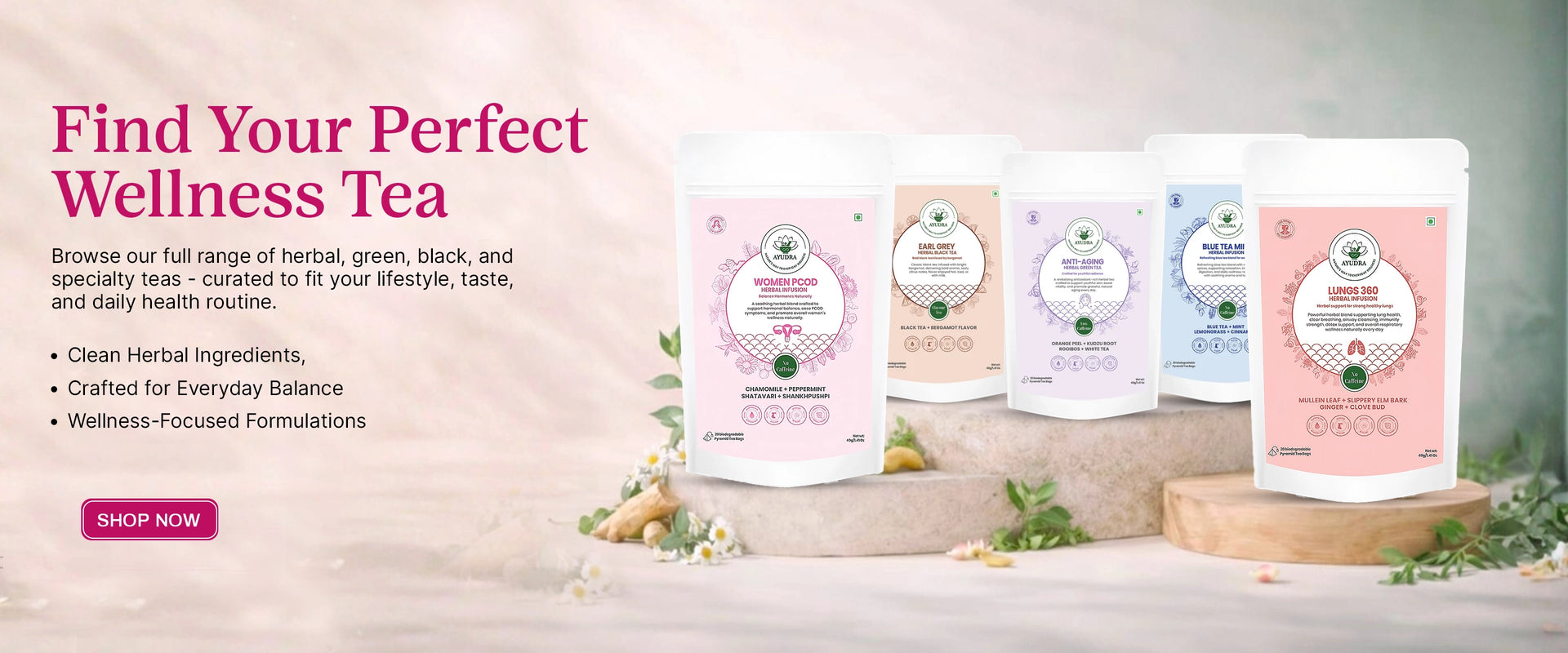 Find Your Perfect Wellness Tea - Browse Ayudra's full range of herbal, green, black, and specialty teas with clean herbal ingredients