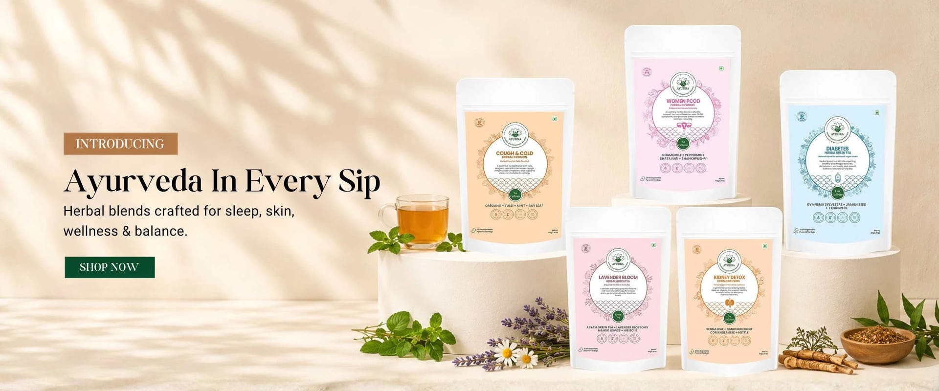 Find Your Perfect Wellness Tea - Browse Ayudra's full range of herbal, green, black, and specialty teas with clean herbal ingredients